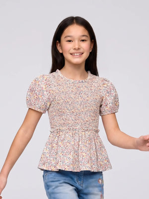 Girls Printed Puff Sleeve Cotton Top with Smocking