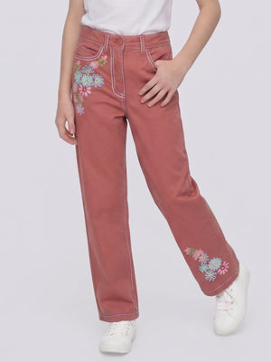 Girls Floral Embroidered Cotton Straight-Fit Trouser with Contrast Stitch Detailing