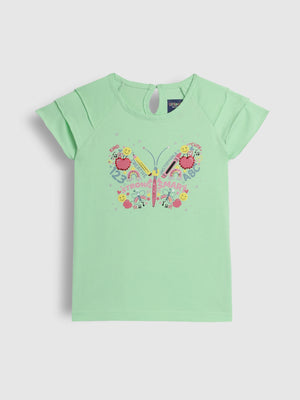 Girls Graphic Printed Cotton T-Shirt with Butterfly Motif