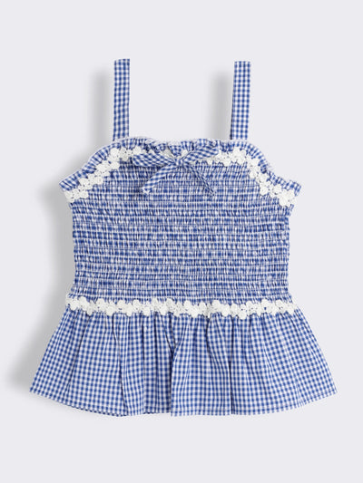 Girls Gingham Smocked Top with Lace Detailing