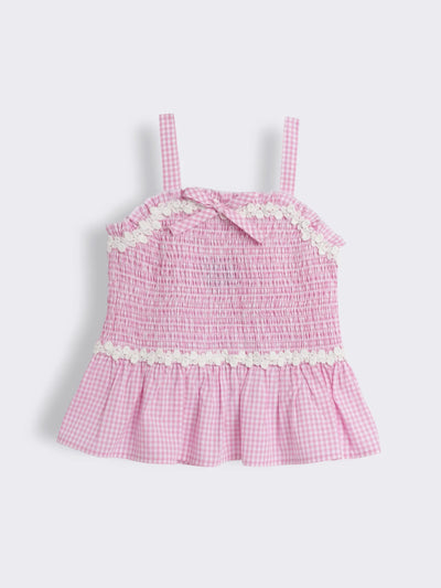 Girls Gingham Smocked Top with Lace Detailing