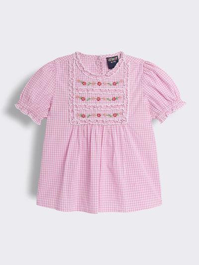 Girls Cotton Embroidered Puff Sleeve Top