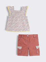 Toddler Girls Sleeveless Floral Print Smocked Top with Cotton Shorts 2-Piece Outfit Set