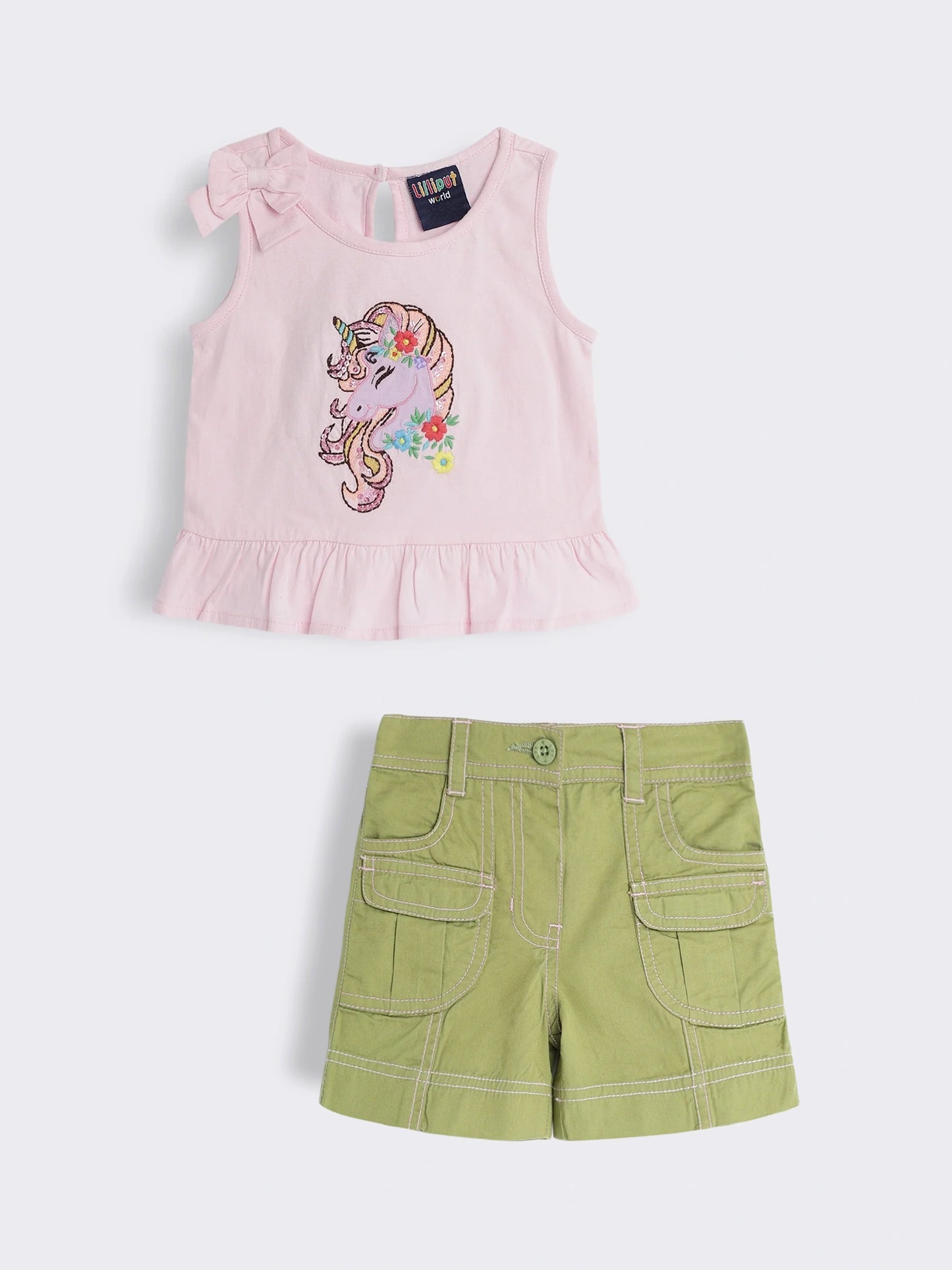 Toddler Girls Unicorn Applique Embroidery Peplum Top with Flap Pockets Cotton Shorts 2-Piece Outfit Set
