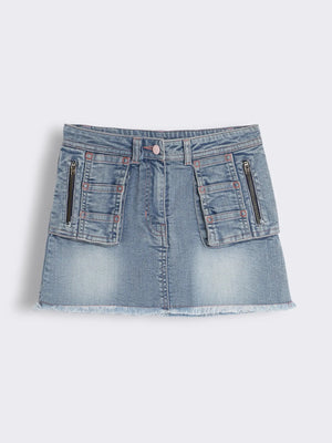 Girls Denim Skirt with Cargo Pockets and Contrast Stitching