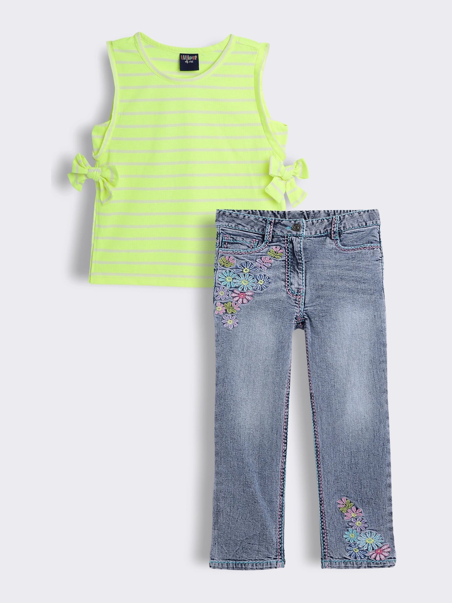 Girls Striped Sleeveless T-shirt with Floral Embroidered Denim Straight-Fit Jeans 2-Piece Outfit Set