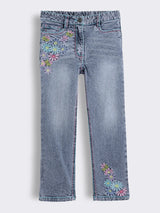 Girls Striped Sleeveless T-shirt with Floral Embroidered Denim Straight-Fit Jeans 2-Piece Outfit Set