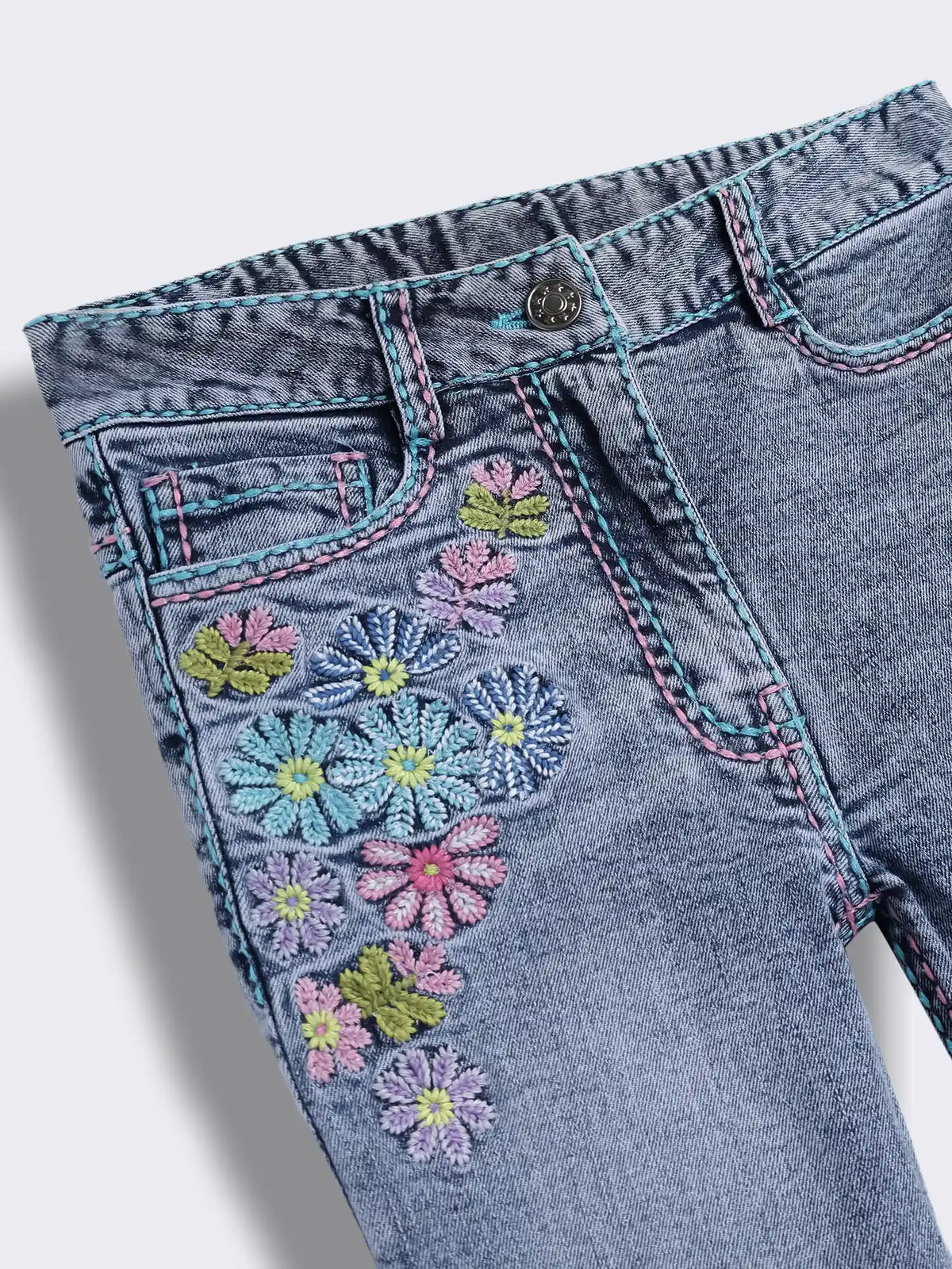 Girls Striped Sleeveless T-shirt with Floral Embroidered Denim Straight-Fit Jeans 2-Piece Outfit Set