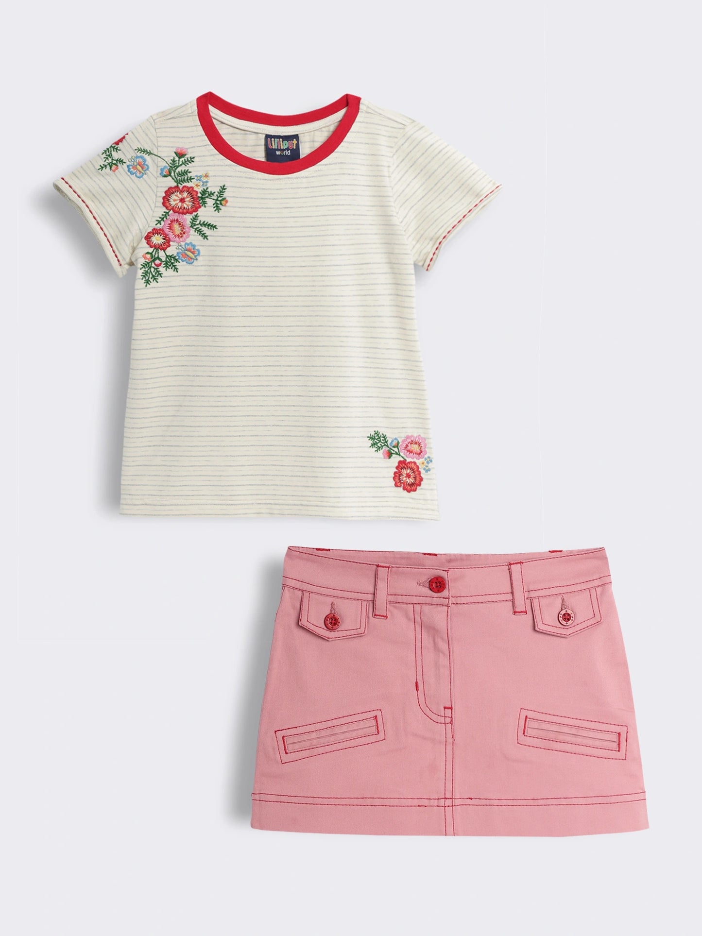Girls Half Sleeve Striped T-Shirt with Cotton Skirts 2-Piece Outfit Set