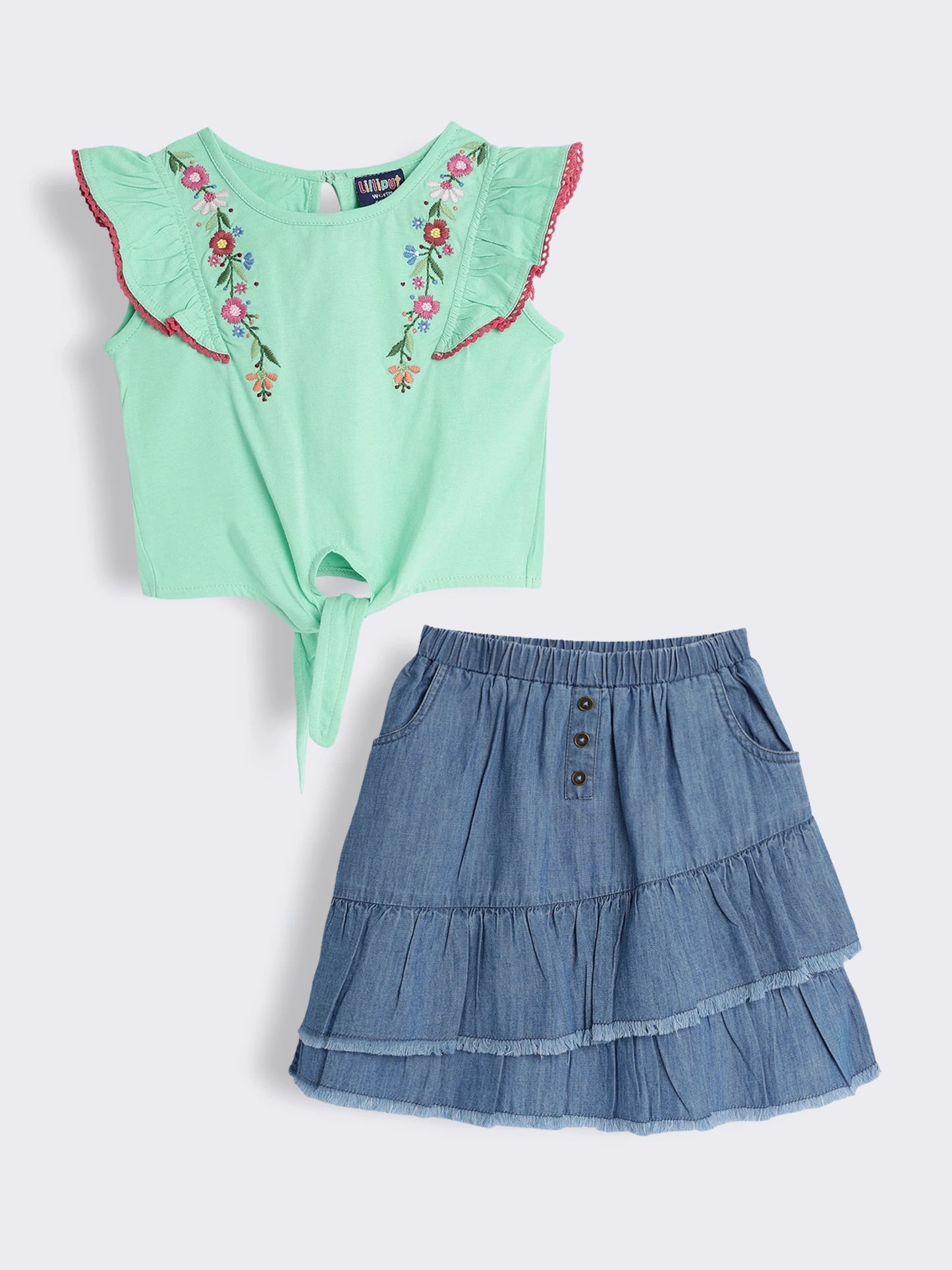 Girls Embroidered Cotton Knit Sleeveless T-Shirt with Denim Tiered Skirt with Frayed Hem 2-Piece Outfit Set