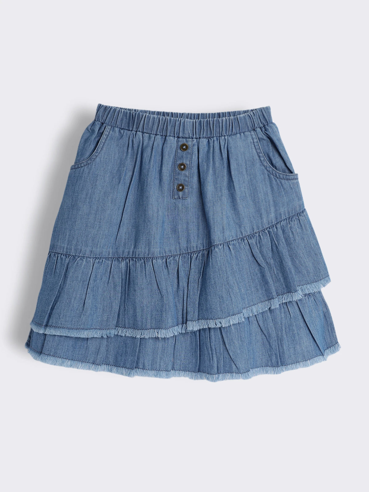 Girls Embroidered Cotton Knit Sleeveless T-Shirt with Denim Tiered Skirt with Frayed Hem 2-Piece Outfit Set