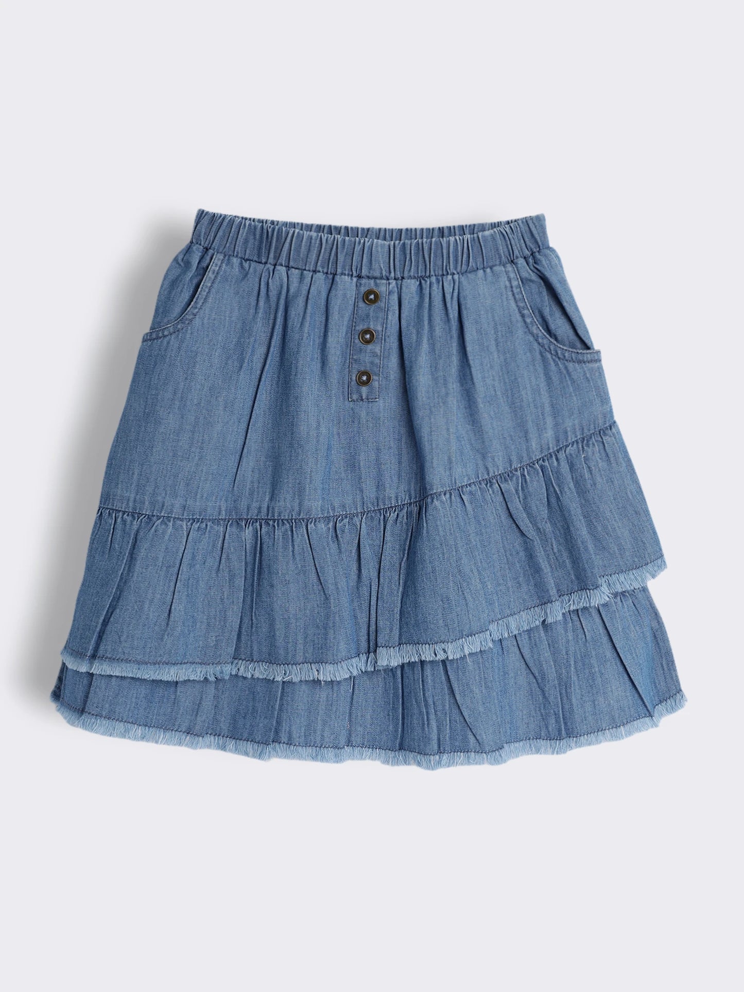 Girls Embroidered Cotton Knit Sleeveless T-Shirt with Denim Tiered Skirt with Frayed Hem 2-Piece Outfit Set
