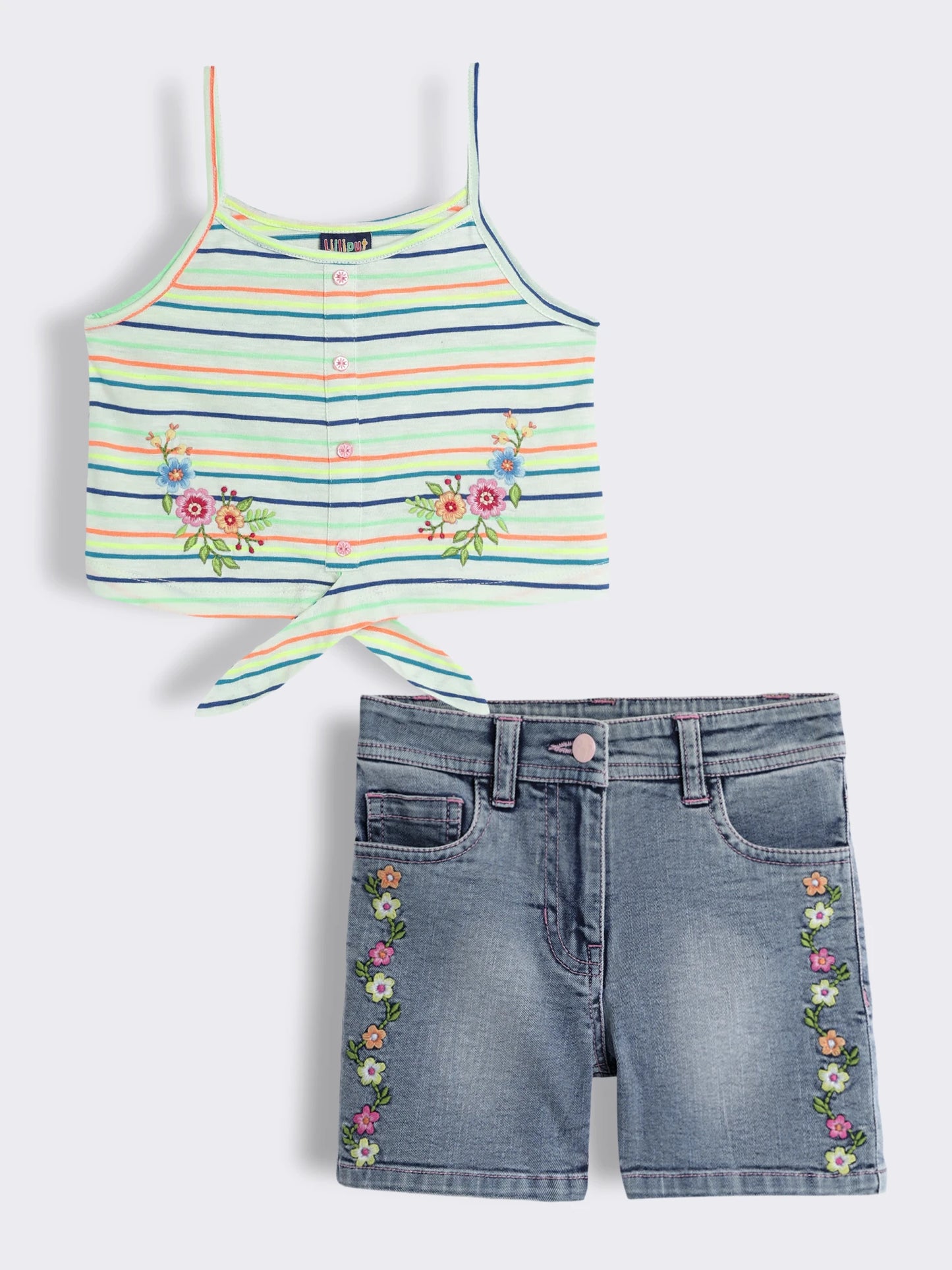 Girls Striped Floral Embroidery Top with Floral Embroidery Washed Denim Shorts 2-Piece Outfit Set