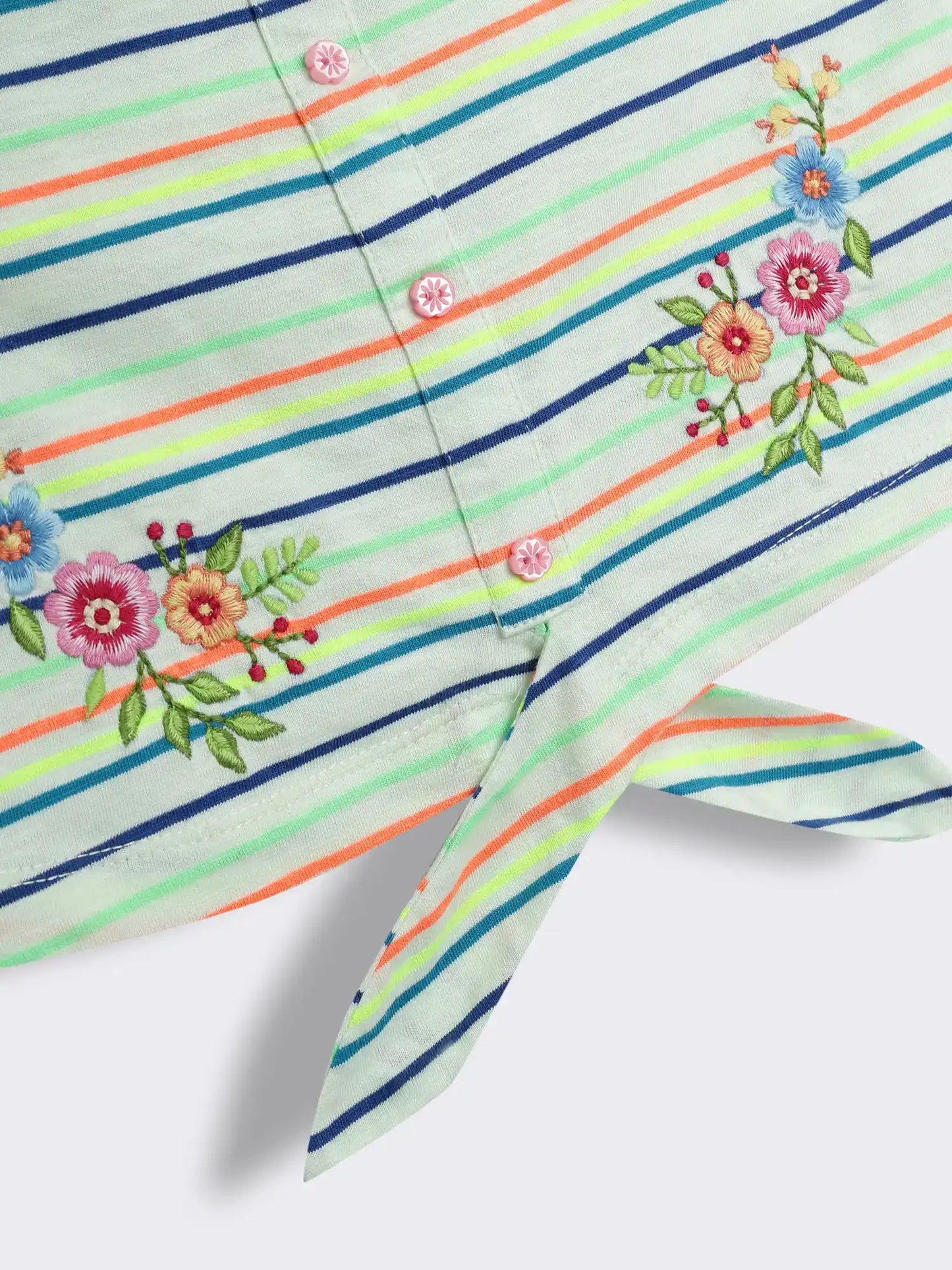 Girls Striped Floral Embroidery Top with Floral Embroidery Washed Denim Shorts 2-Piece Outfit Set