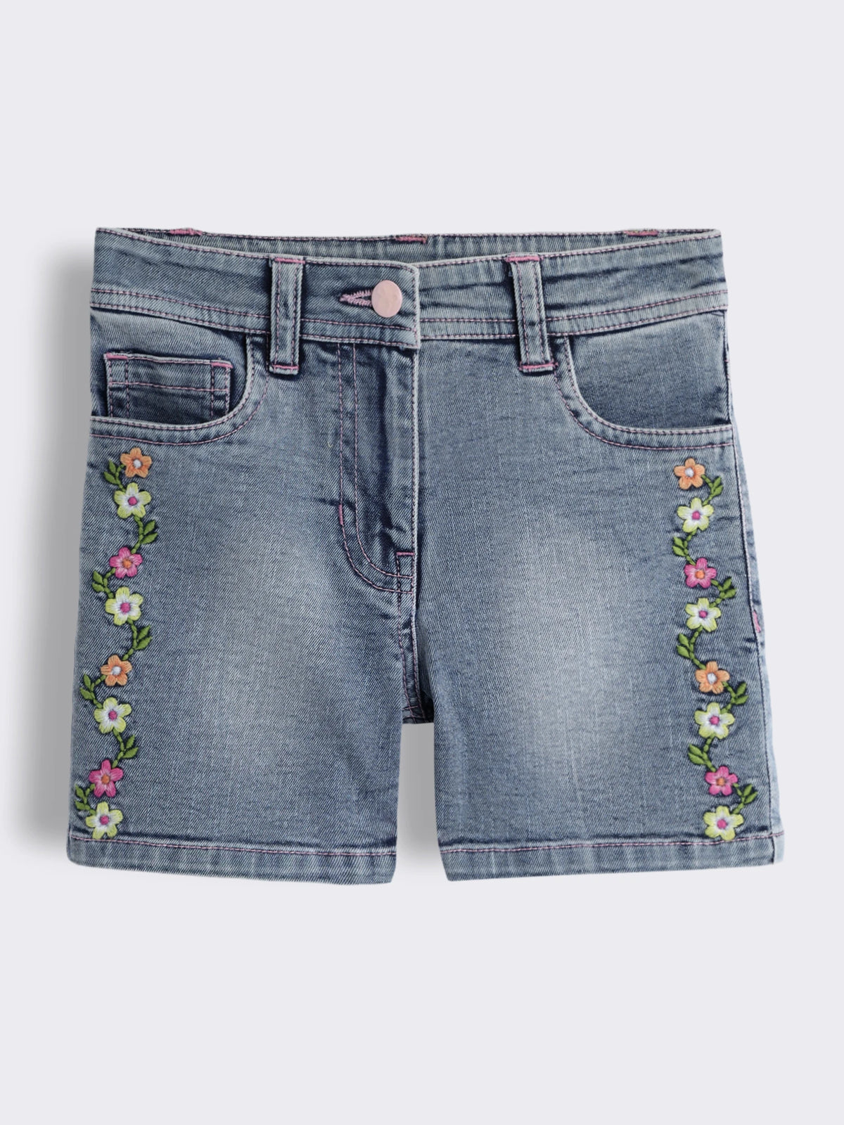 Girls Striped Floral Embroidery Top with Floral Embroidery Washed Denim Shorts 2-Piece Outfit Set