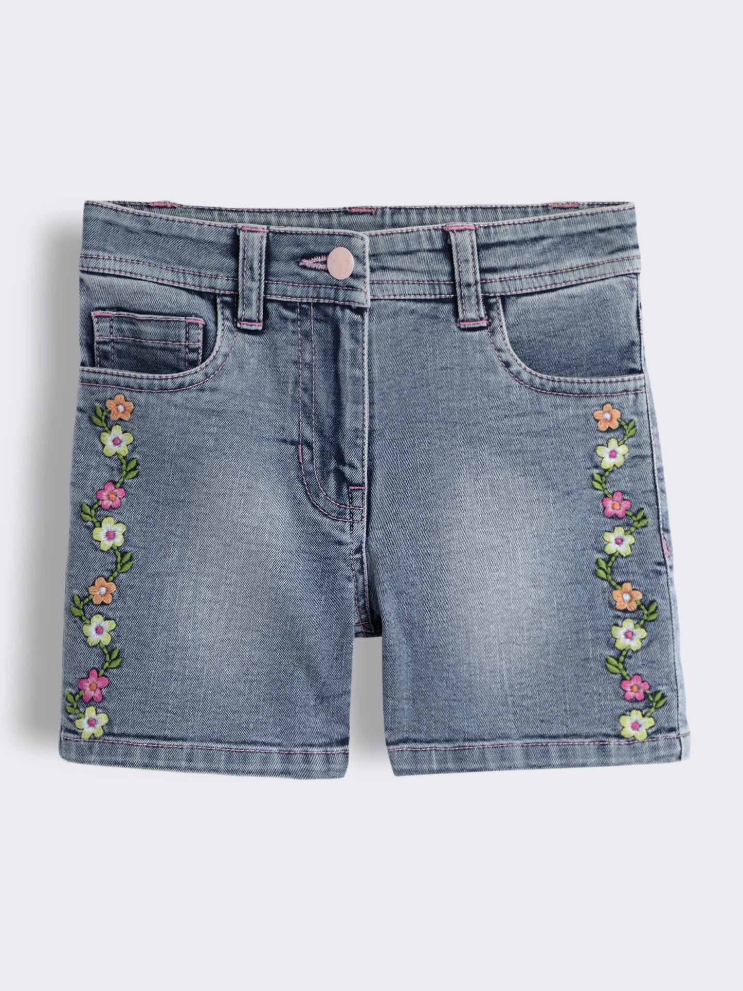 Girls Striped Floral Embroidery Top with Floral Embroidery Washed Denim Shorts 2-Piece Outfit Set