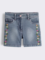 Girls Striped Floral Embroidery Top with Floral Embroidery Washed Denim Shorts 2-Piece Outfit Set