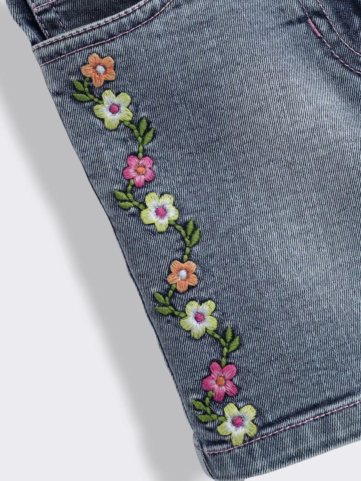 Girls Striped Floral Embroidery Top with Floral Embroidery Washed Denim Shorts 2-Piece Outfit Set