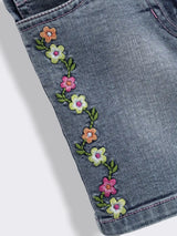 Girls Striped Floral Embroidery Top with Floral Embroidery Washed Denim Shorts 2-Piece Outfit Set