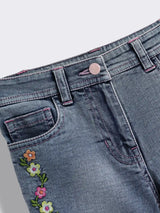 Girls Striped Floral Embroidery Top with Floral Embroidery Washed Denim Shorts 2-Piece Outfit Set