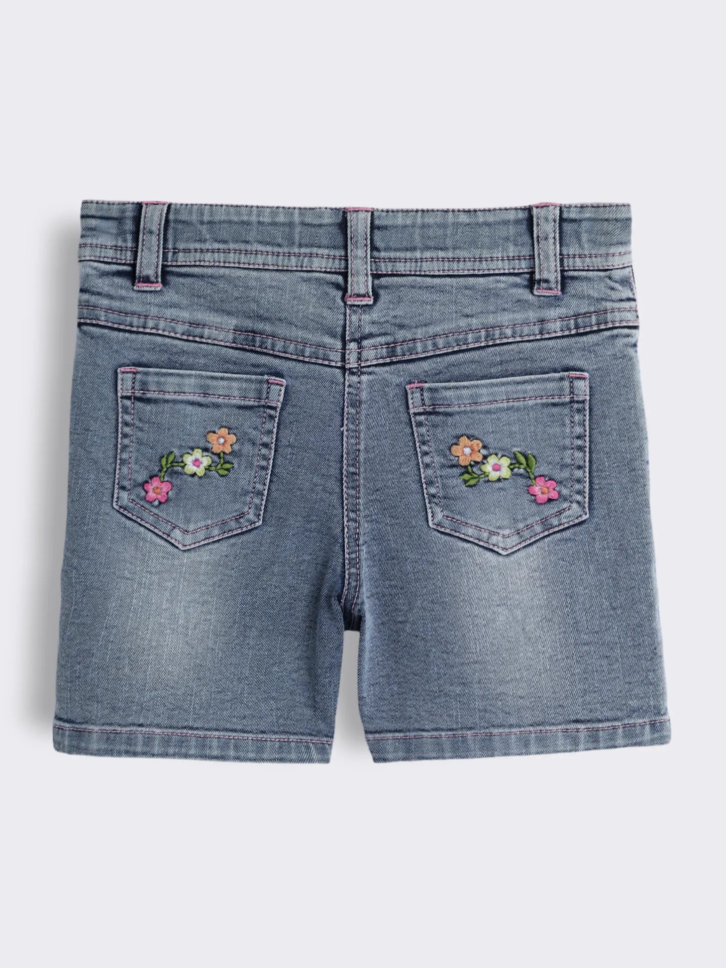 Girls Striped Floral Embroidery Top with Floral Embroidery Washed Denim Shorts 2-Piece Outfit Set