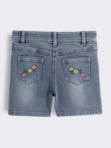 Girls Striped Floral Embroidery Top with Floral Embroidery Washed Denim Shorts 2-Piece Outfit Set