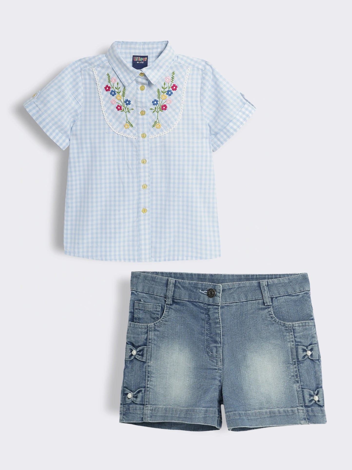 Girls Embroiderd Cotton Gingham Check Top With Denim Shorts with Pearl Detailing 2-Piece Outfit Set