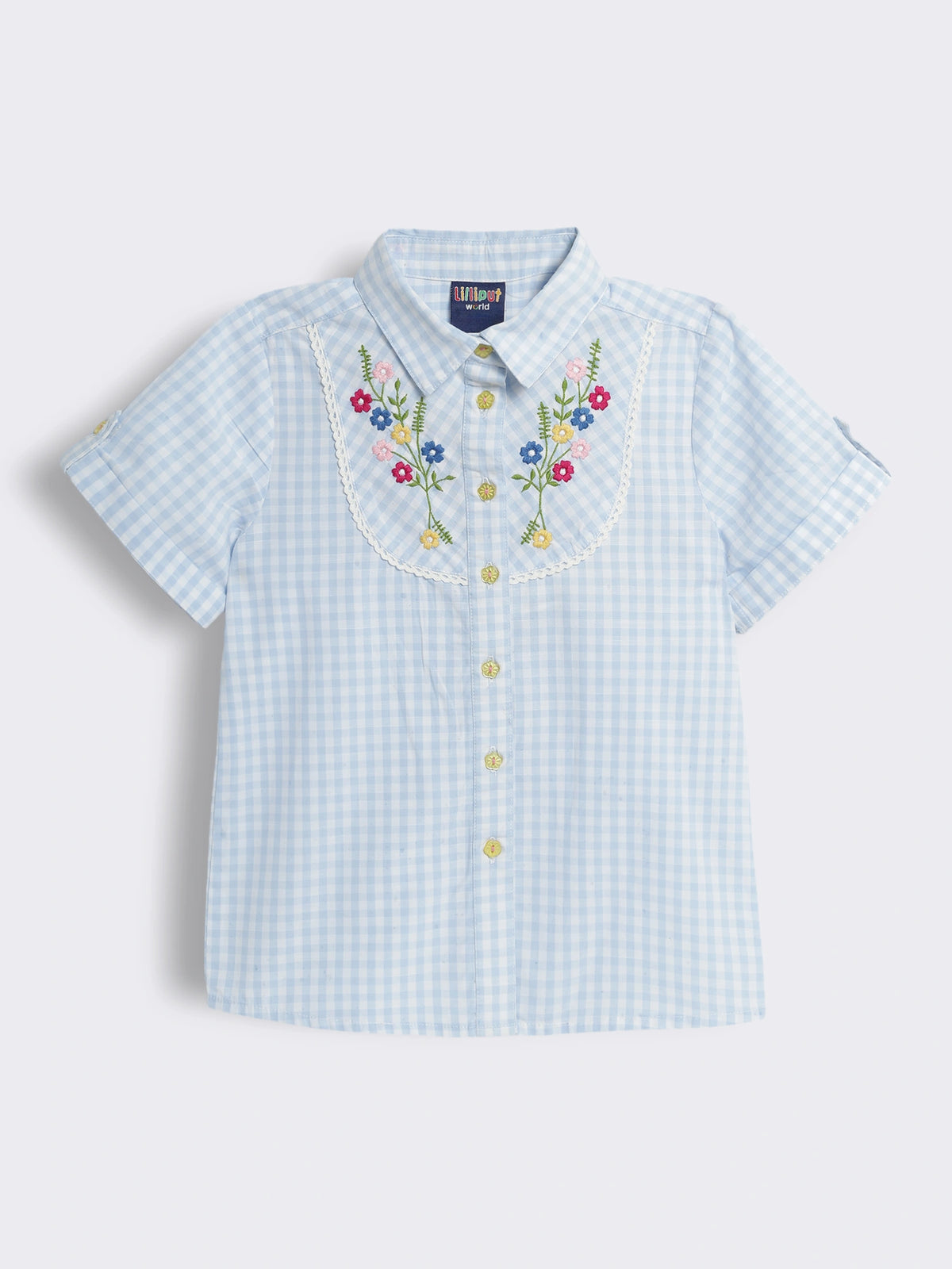 Girls Embroiderd Cotton Gingham Check Top With Denim Shorts with Pearl Detailing 2-Piece Outfit Set