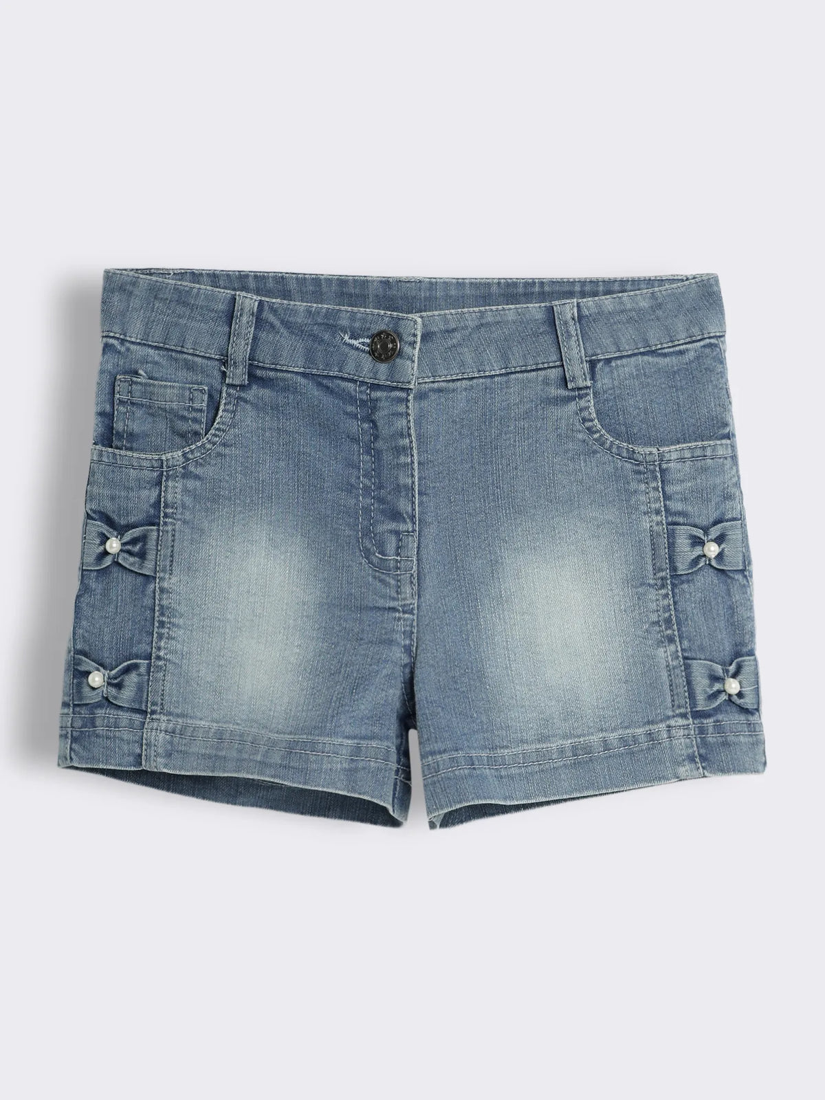 Girls Embroiderd Cotton Gingham Check Top With Denim Shorts with Pearl Detailing 2-Piece Outfit Set