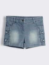 Girls Embroiderd Cotton Gingham Check Top With Denim Shorts with Pearl Detailing 2-Piece Outfit Set