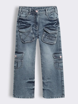 Girls Denim Utility Cargo Jeans with Multi Pocket Design