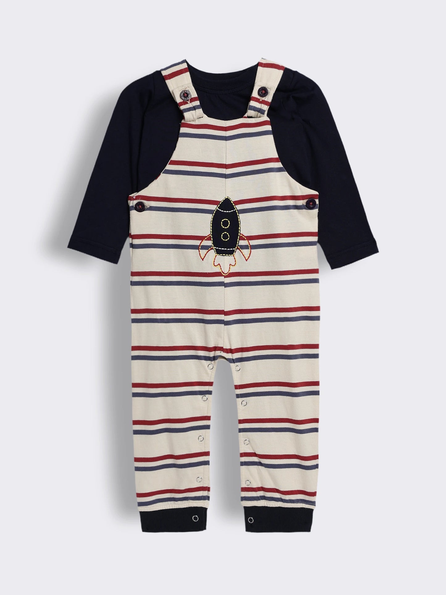 Baby Boys Rocket Embroidered Striped Dungaree With Full Sleeve T- Shirt 2-Piece Outfit Set