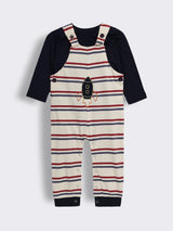 Baby Boys Rocket Embroidered Striped Dungaree With Full Sleeve T- Shirt 2-Piece Outfit Set