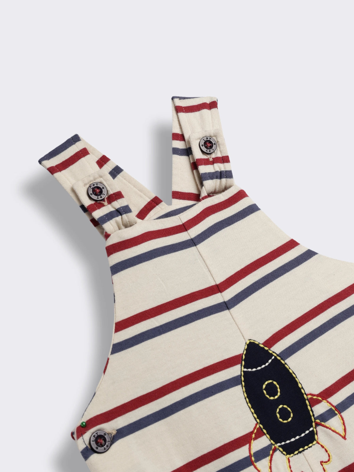 Baby Boys Rocket Embroidered Striped Dungaree With Full Sleeve T- Shirt 2-Piece Outfit Set