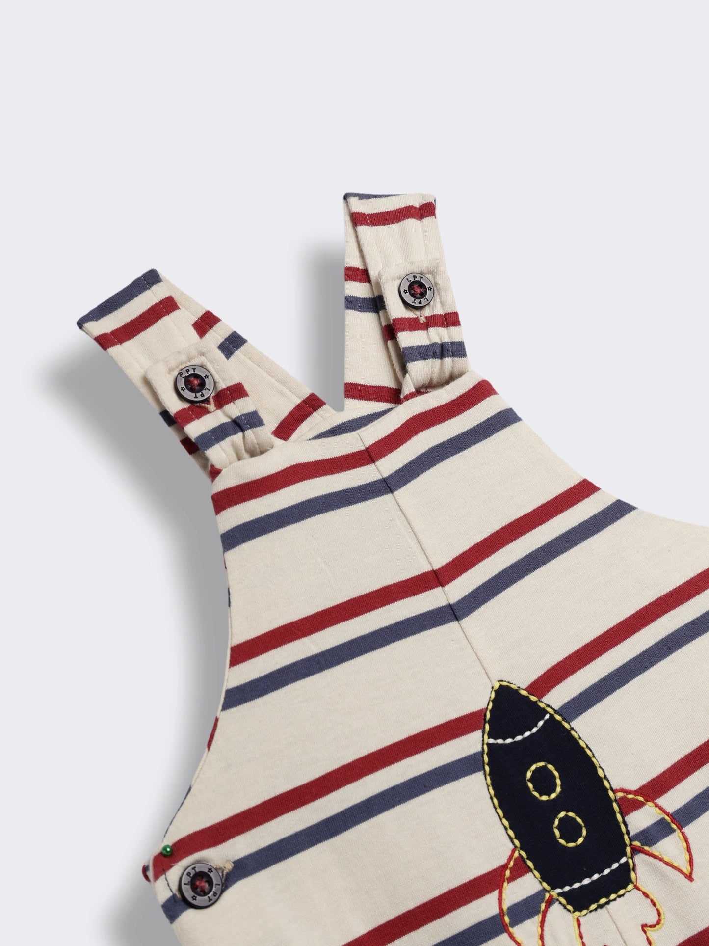Baby Boys Rocket Embroidered Striped Dungaree With Full Sleeve T- Shirt 2-Piece Outfit Set