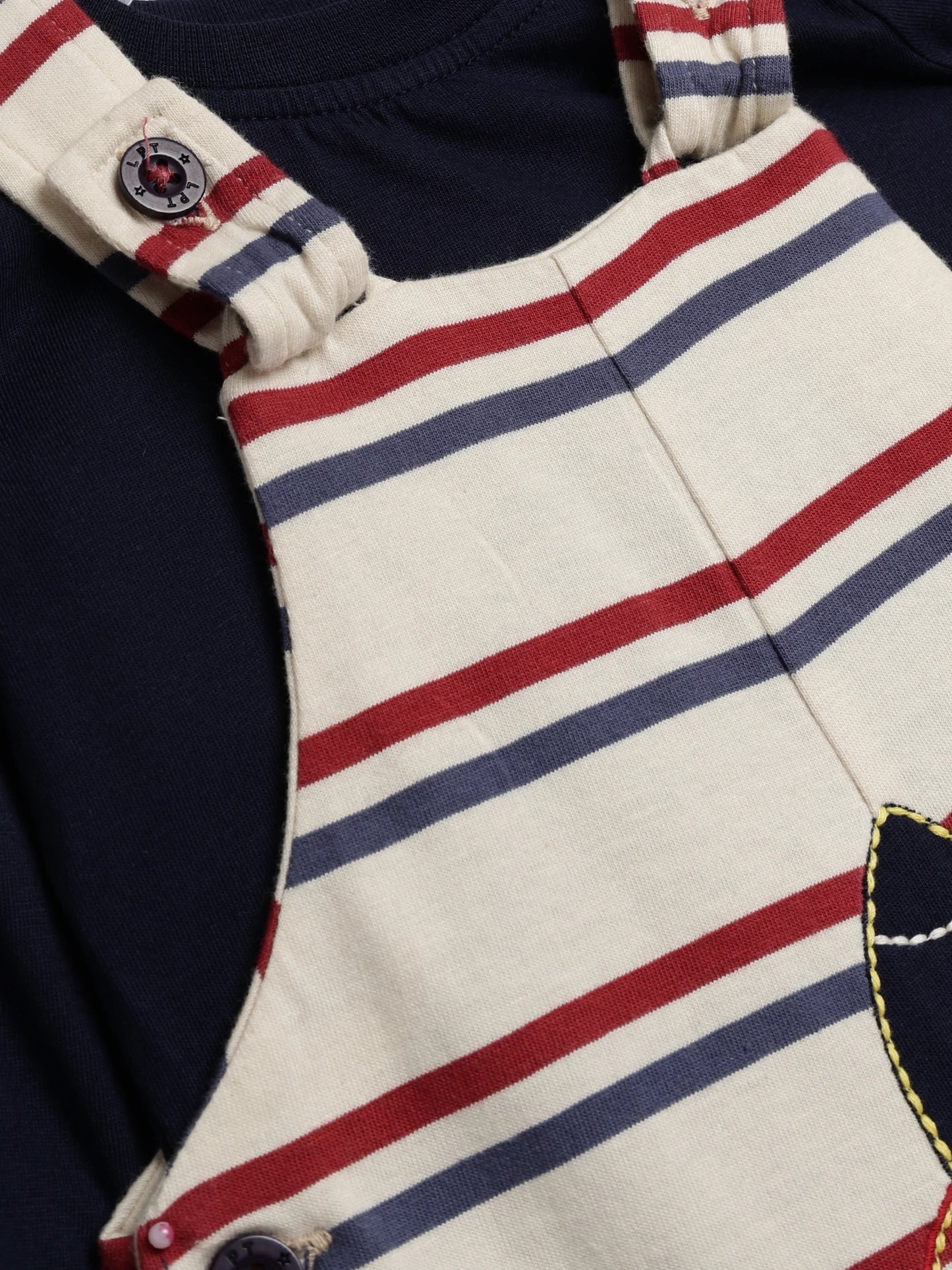 Baby Boys Rocket Embroidered Striped Dungaree With Full Sleeve T- Shirt 2-Piece Outfit Set