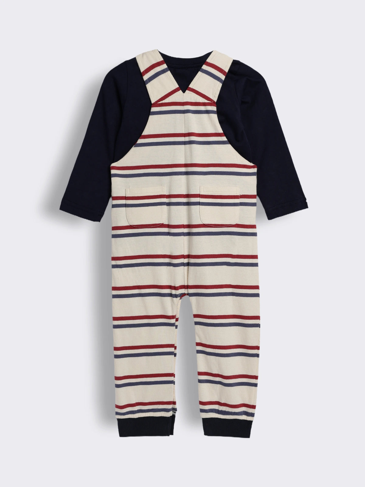 Baby Boys Rocket Embroidered Striped Dungaree With Full Sleeve T- Shirt 2-Piece Outfit Set