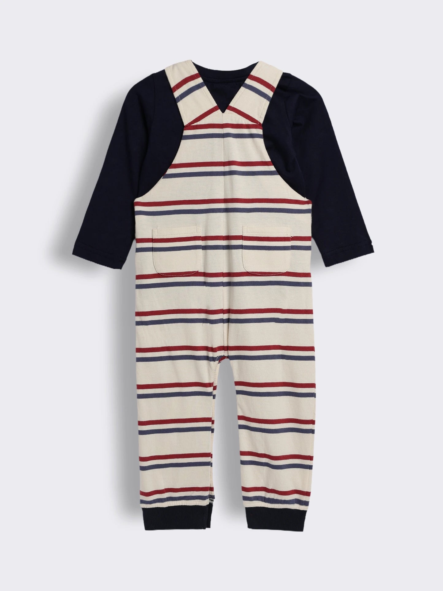 Baby Boys Rocket Embroidered Striped Dungaree With Full Sleeve T- Shirt 2-Piece Outfit Set