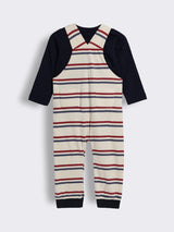 Baby Boys Rocket Embroidered Striped Dungaree With Full Sleeve T- Shirt 2-Piece Outfit Set