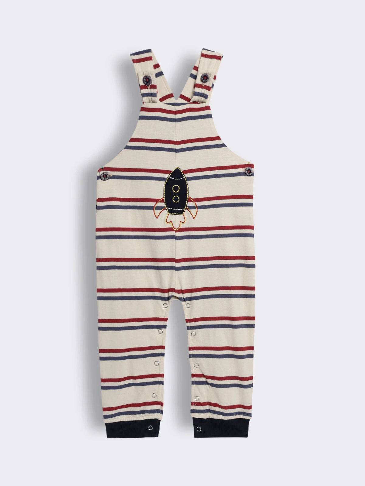 Baby Boys Rocket Embroidered Striped Dungaree With Full Sleeve T- Shirt 2-Piece Outfit Set