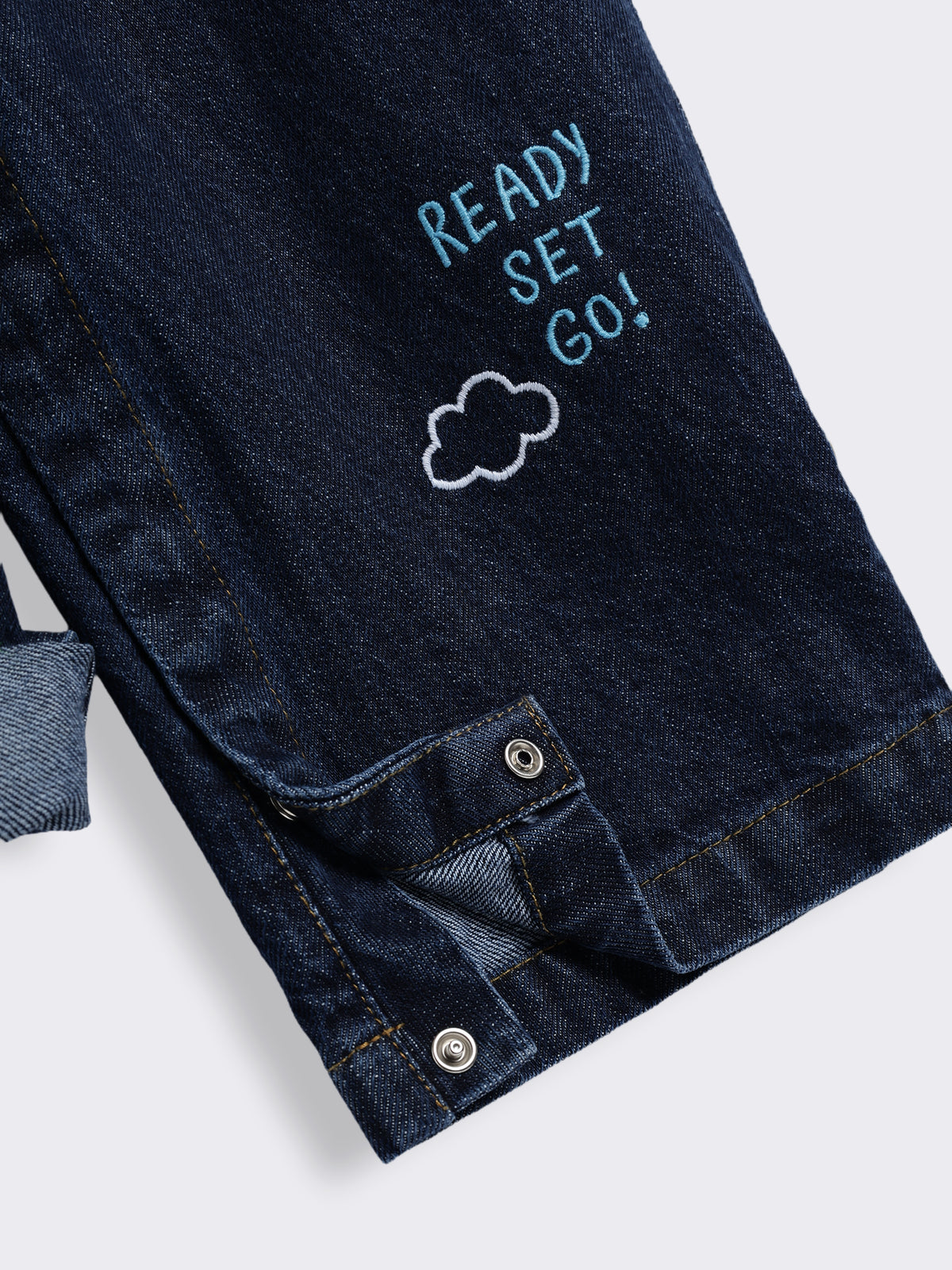 Toddler Boys Denim Embroidered Car Appliqué Jumpsuit with Shirt Collar, Flap Pockets and Button Closure