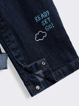 Toddler Boys Denim Embroidered Car Appliqué Jumpsuit with Shirt Collar, Flap Pockets and Button Closure