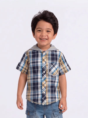 Toddler Boys Half Sleeve Cotton Checked Shirt with Hood