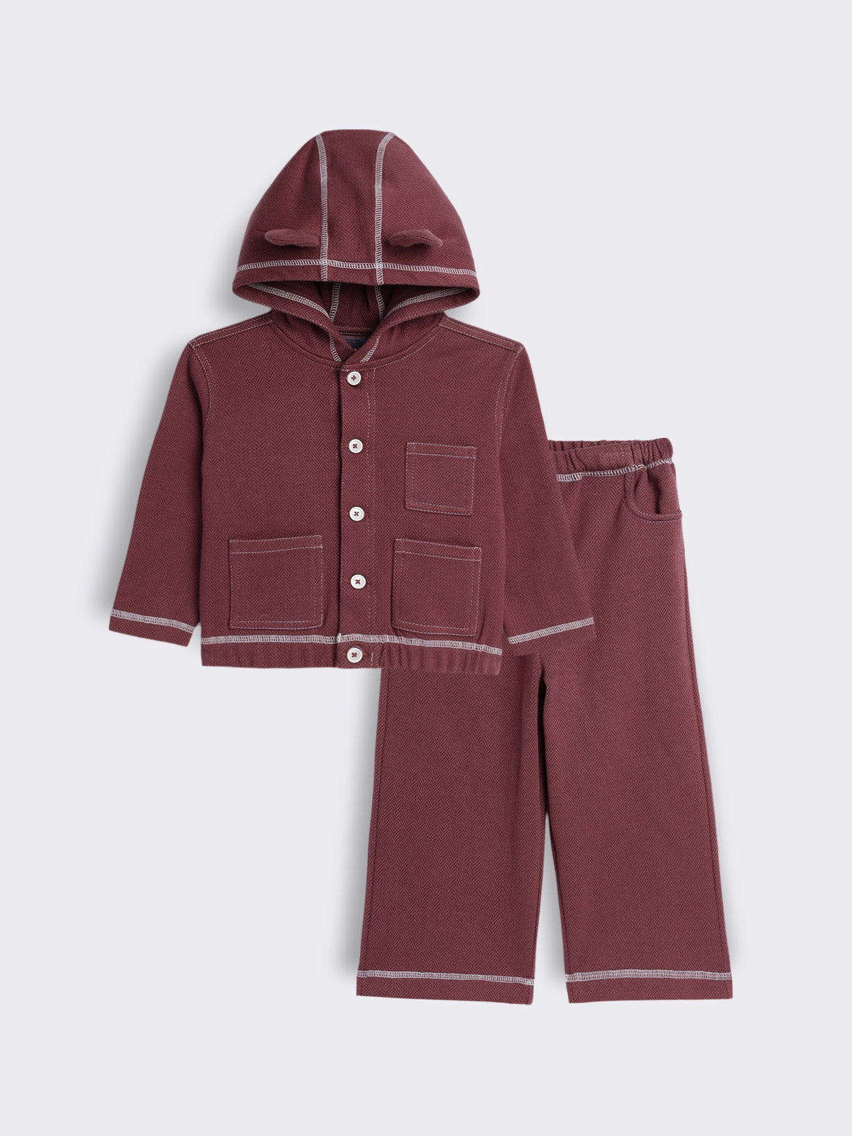 Baby Boys Herringbone Knit Hooded Jacket and Wide Leg Pants 2-Piece Outfit Set