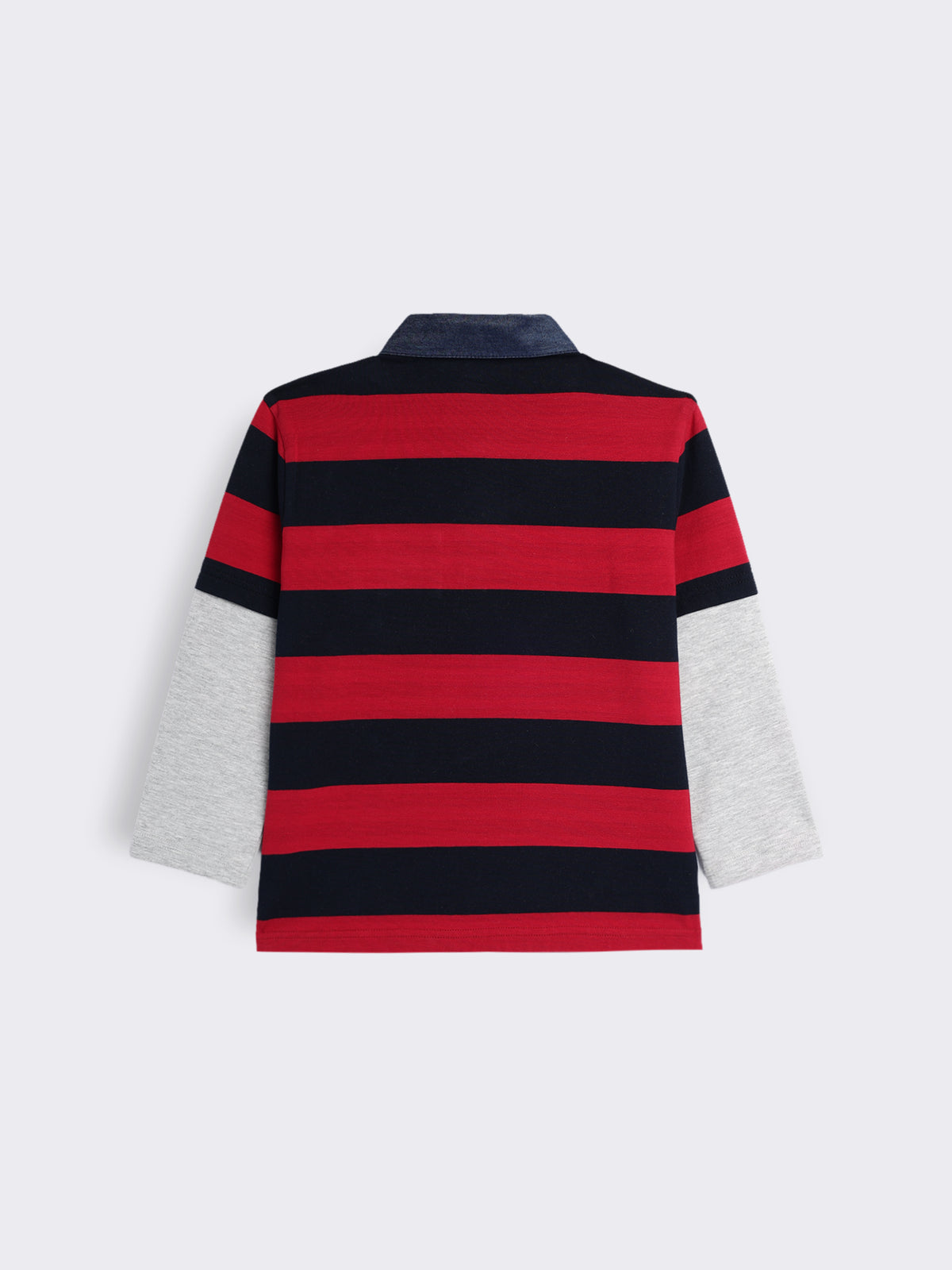 Boys Striped Polo T-shirt with Denim Collar, Pocket and Contrast Full Sleeves