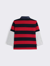 Boys Striped Polo T-shirt with Denim Collar, Pocket and Contrast Full Sleeves