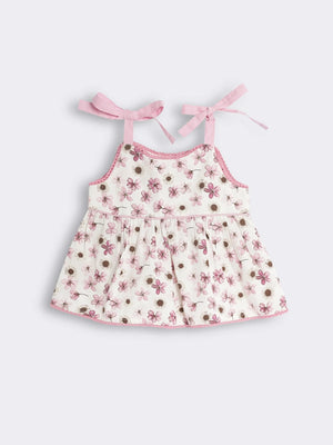 Toddler Girls Floral Printed Tie-Up Strap Top with Contrast Lace Trim