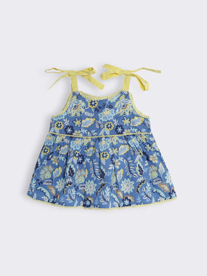 Toddler Girls Floral Printed Tie-Up Strap Top with Contrast Lace Trim