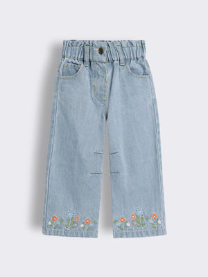Toddler Girls Floral Embroidered Denim Wide Leg Jeans