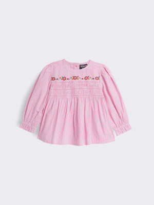 Toddler Girls Gingham Smocked Top with Embroidery